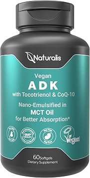 Naturalis Vegan Vitamin ADK with 50mg Tocotrienol and CoQ-10 | Nano-Emulsified in EVOO for Better Absoprtion | Non-GMO, Soy Free and Vegan Society Certified | 60 Veggie Softgels Carrageenan Free