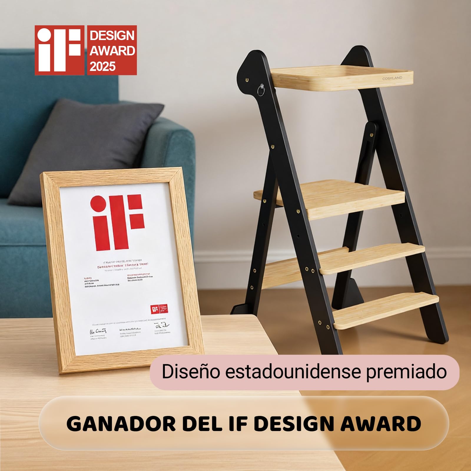 COSYLAND Torre de Aprendizaje Plegable Desde 1 Año – Premio iF Design, Torre Montessori con Red de Seguridad y Altura Ajustable, Ideal para Cocina y Baño, Foldi (Negro y Natural)