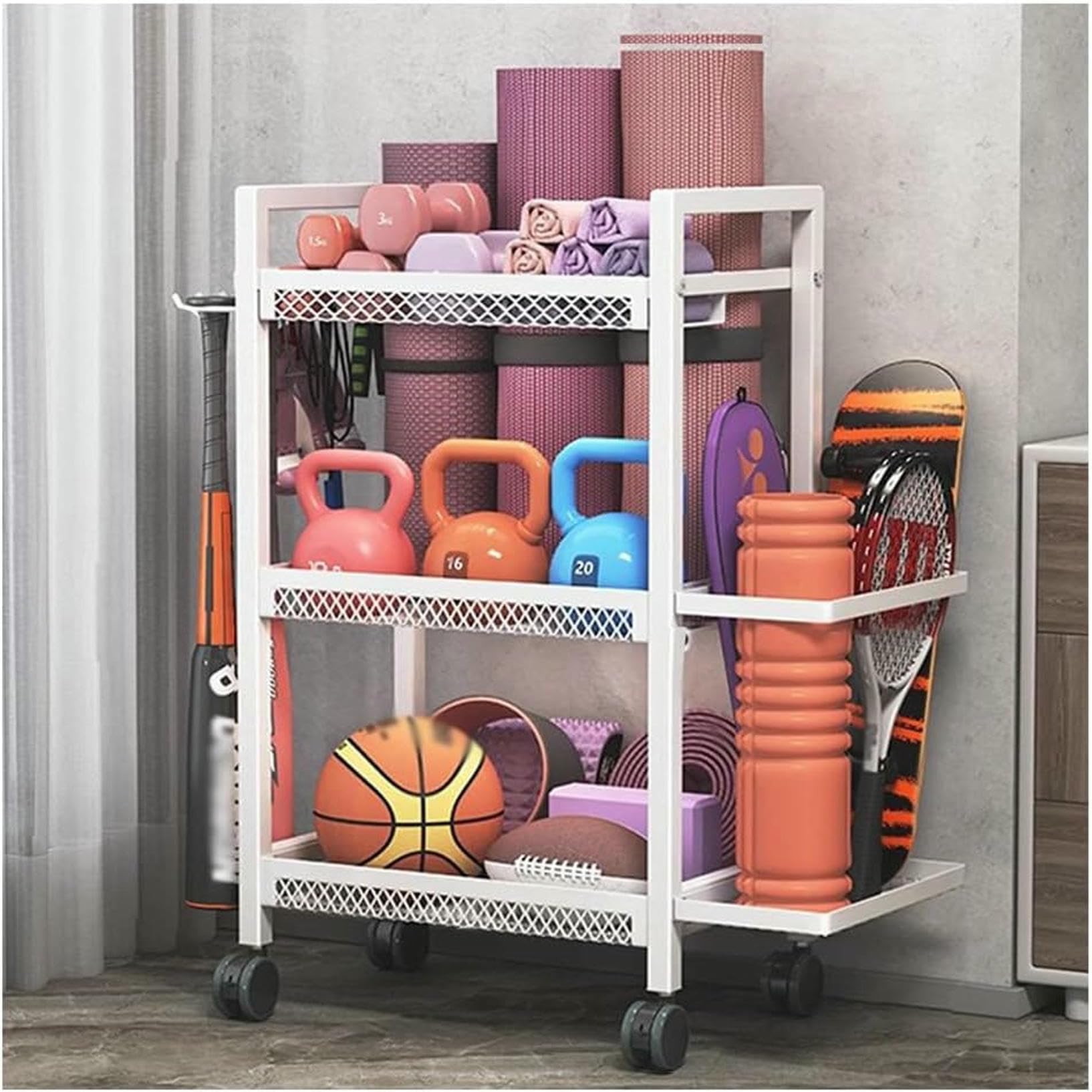 Étagère de rangement multifonction à 3 couches pour équipement de gym à domicile avec crochets et panier