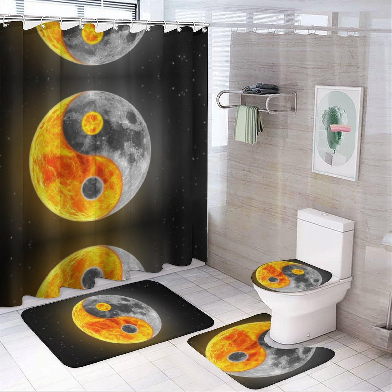 Wlntrophic Bathroom Mat Set 4 Piece, Cool Yin Yang Shower Curtain with Non-Slip Bath Mats for Bathroom