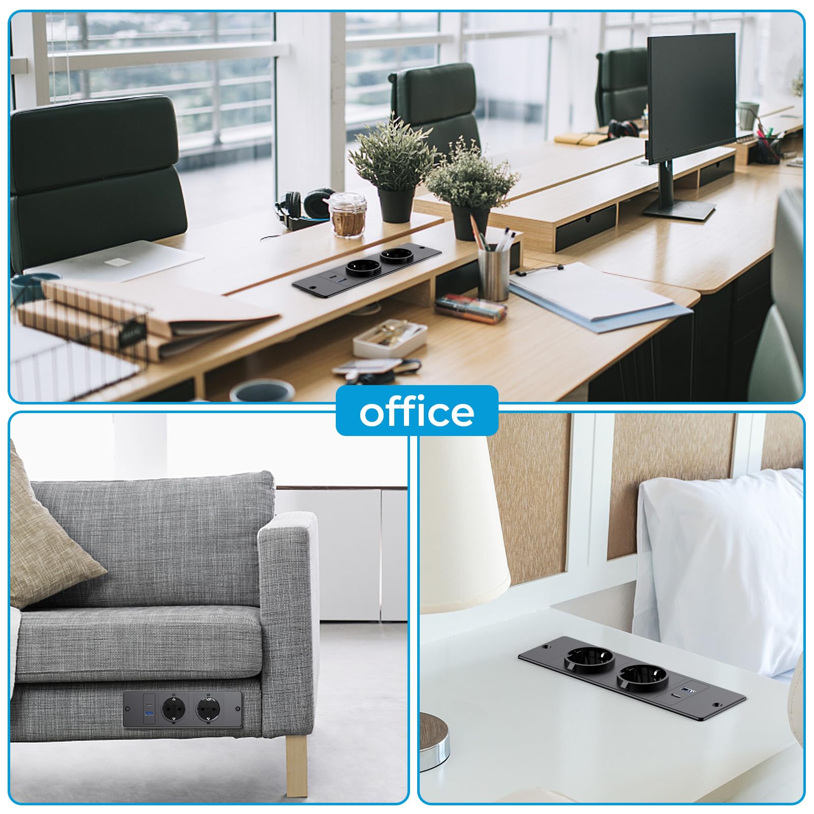Prise de Table avec USB C PD 20W, Prise encastrée 2 Prises avec USB A, multiprise encastrée pour Plateau de Table Meubles ou Plans de Travail, 2m de câble, 250W/16A, Noir