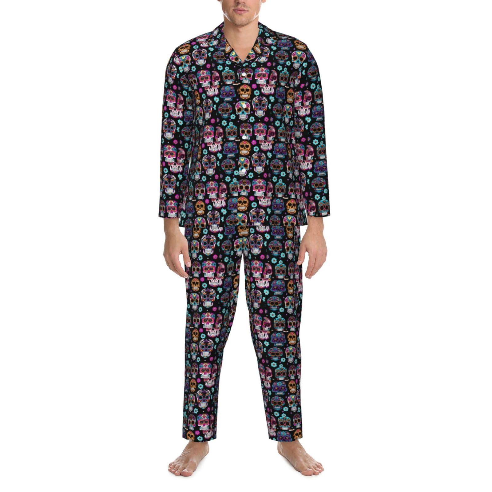 Herren-Pyjama-Set mit Totenkopf-Aufdruck, langärmelig, zweiteilig, Hauskleidung, bequeme Nachtwäsche