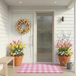 Buffalo Plaid Area Rug, Checkered Rug 3x5 Ft, Pink and White Rug, Washable Cotton Mat for Front Porch, Entryway, Kitchen, Living Room, Home Decor