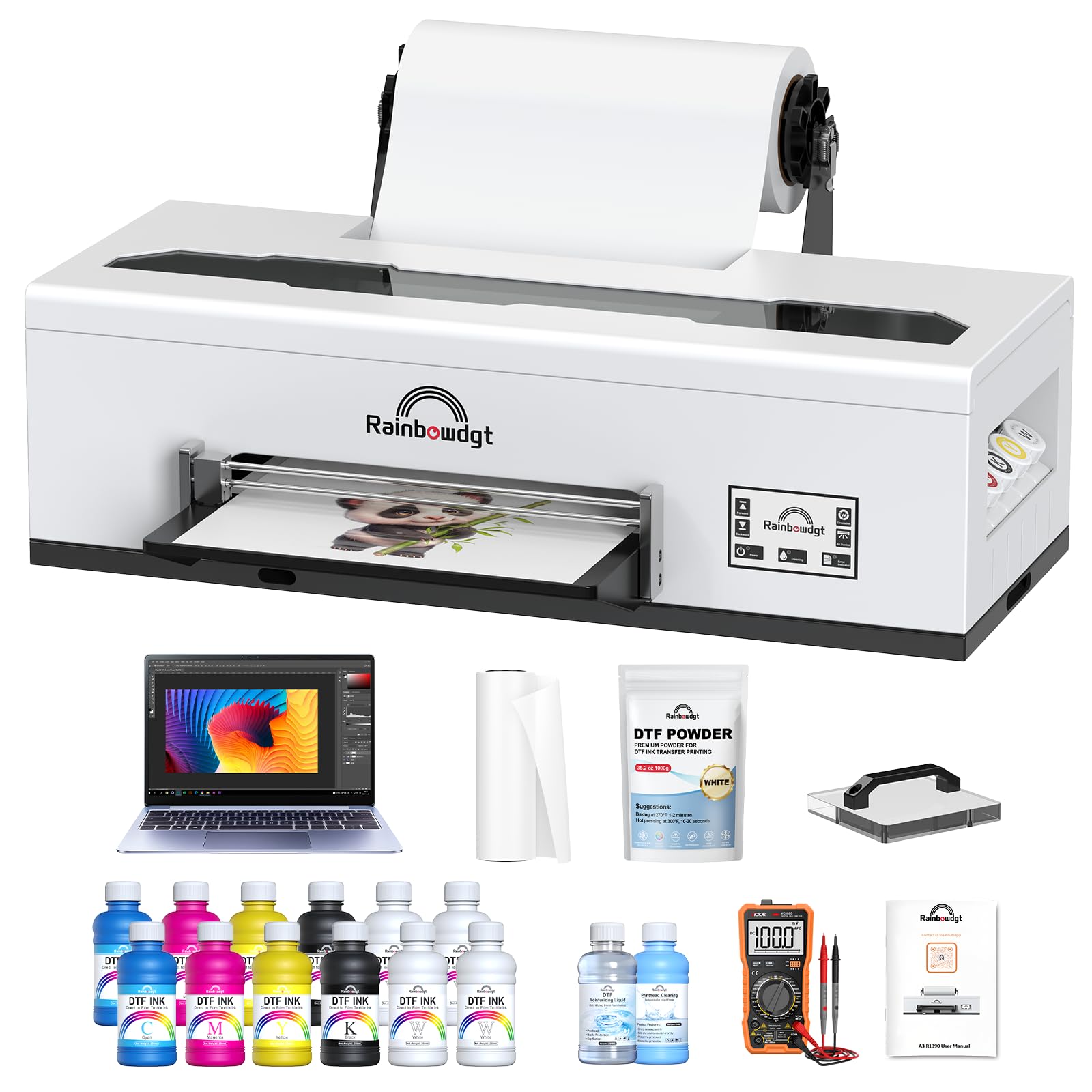 RAINBOWDGT R1390 A3 DTF Printer Bundle: T-Shirt Machine with DTF Laptop