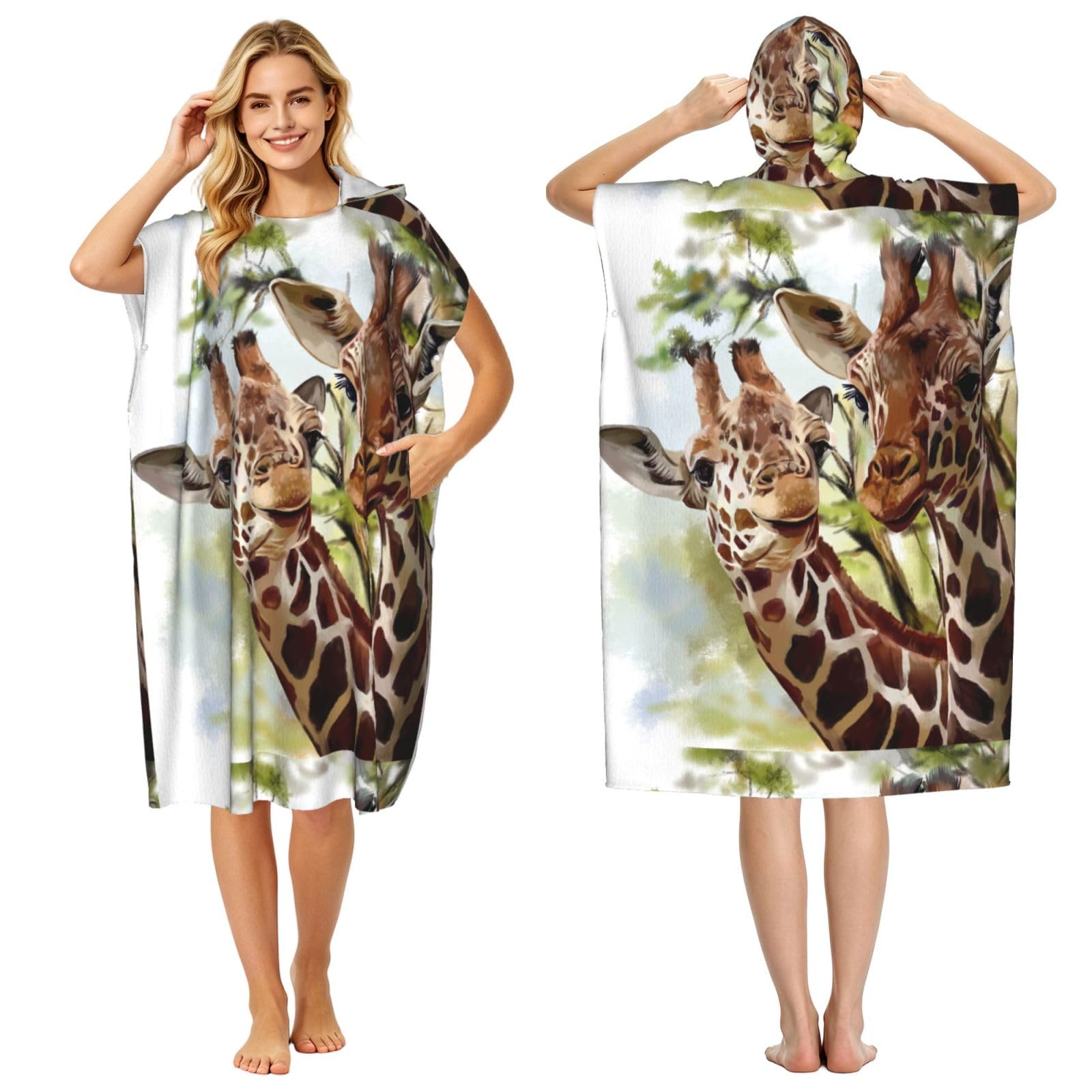 Poadnly Watercolor Deer Giraffe, Adult Hooded Beach Towel 90 x 110 cm,Changing Bath Robe, Surf Poncho Towel For Women Men