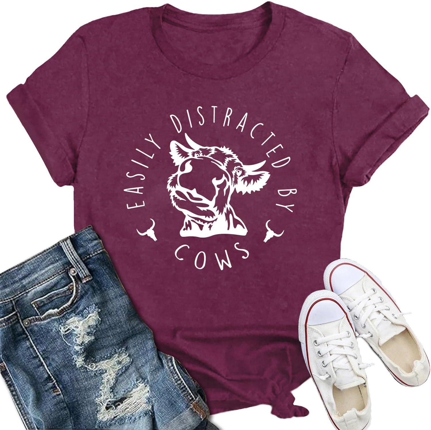Cow Shirt for Women Easily Distracted by Cows T-Shirt Casual Country Farm Life Tee
