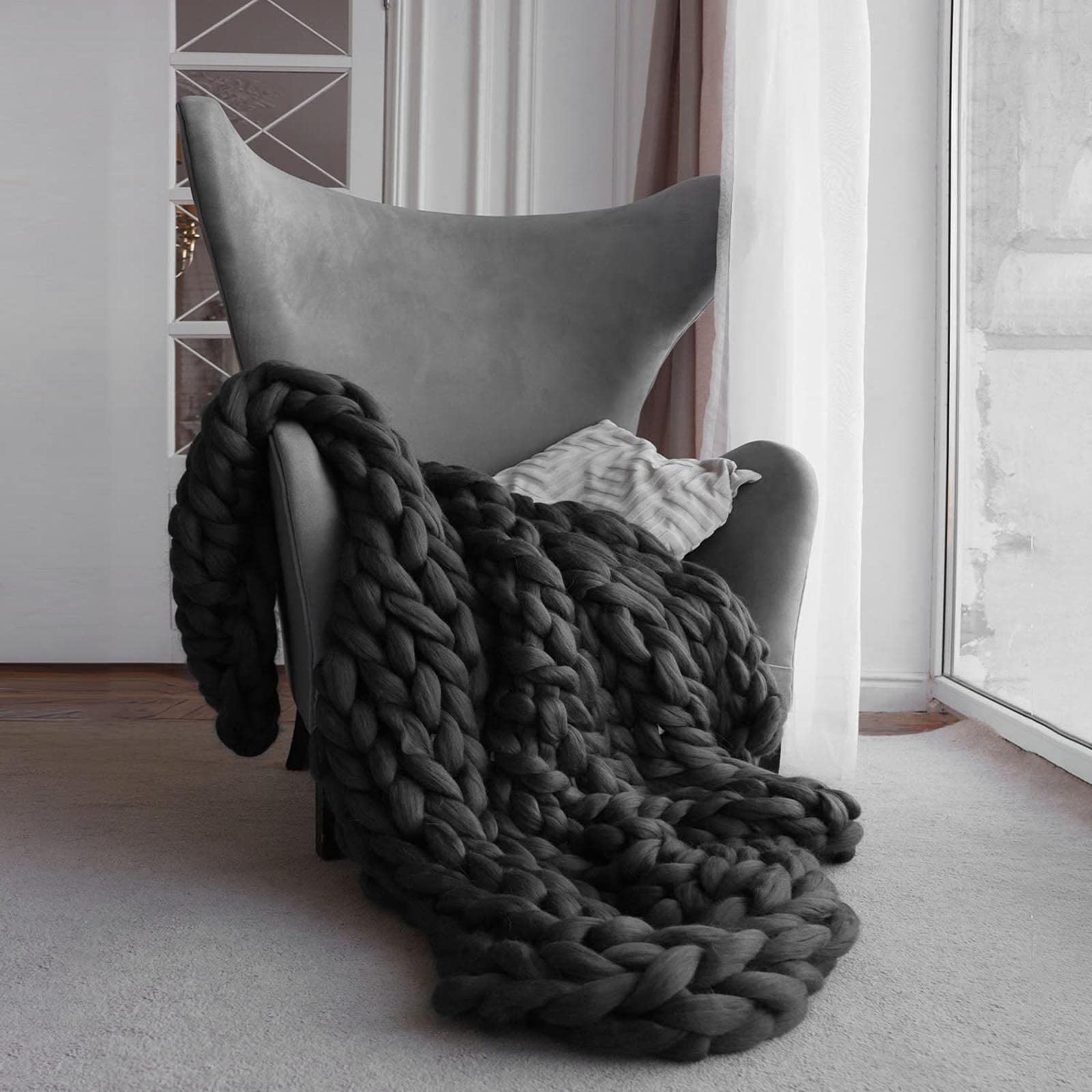 Manta de Hilo de Lana de Punto Grueso Tiro de Cama Suave Mantas Tejidas para Sofá de Dormitorio Alfombra Grande Hecha A Mano para Decoración del Hogar,Negro,130x170cm/51.1x66.9in