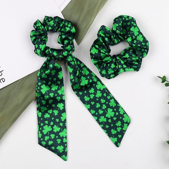 2PCS Green Shamrock Hair Ties for Women Girls, St Patrick's Day Hair Accessories for Thick Hair, Dark Green Clover Leaf Hair Ties, Long Tail Hair Ties Hair Cuff for Irish Day Parade Party