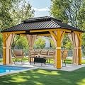 YITAHOME 13X15FT Wood Gazebo Outdoor Wooden Frame Double Roof Hardtop Galvanized Steel Top Canopy w/Curtain and Netting, Patio Heavy Duty Gazebo for Deck, Backyard, Beige Yellow