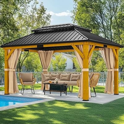 YITAHOME 13X15FT Wood Gazebo Outdoor Wooden Frame Double Roof Hardtop Galvanized Steel Top Canopy w/Curtain and Netting, Patio Heavy Duty Gazebo for Deck, Backyard, Beige Yellow
