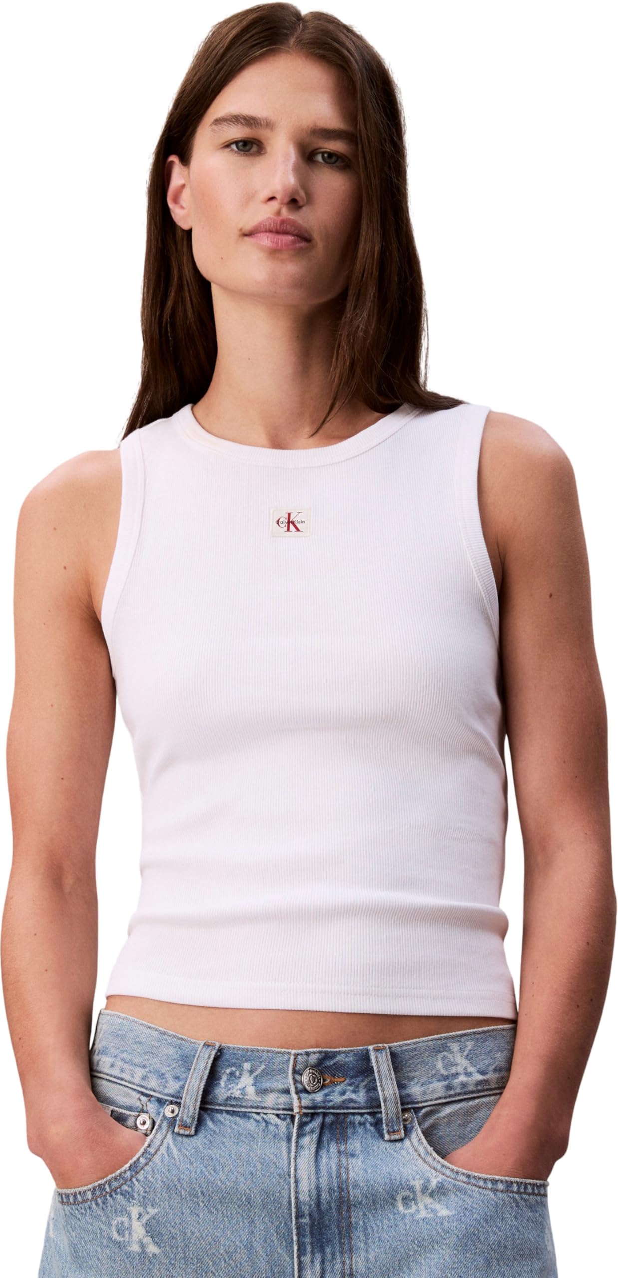 Calvin Klein Women’s Woven Label Cotton Rib Tank Top with Logo, White (Brilliant White), XS