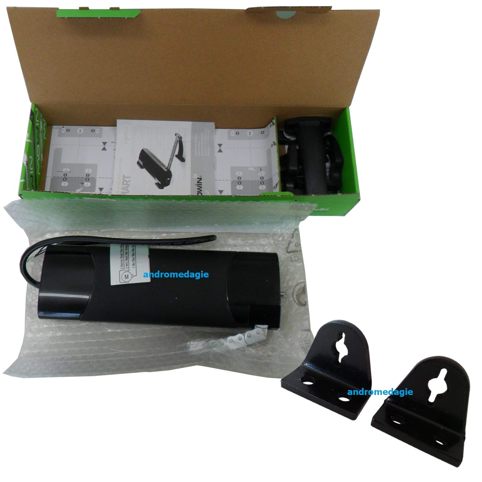 Smart 230 V Schwarz + Halterungen für Schlosser, elektromechanisch, mit Kette, mit optionalen Halterungen für gewölbte Dachfenster.