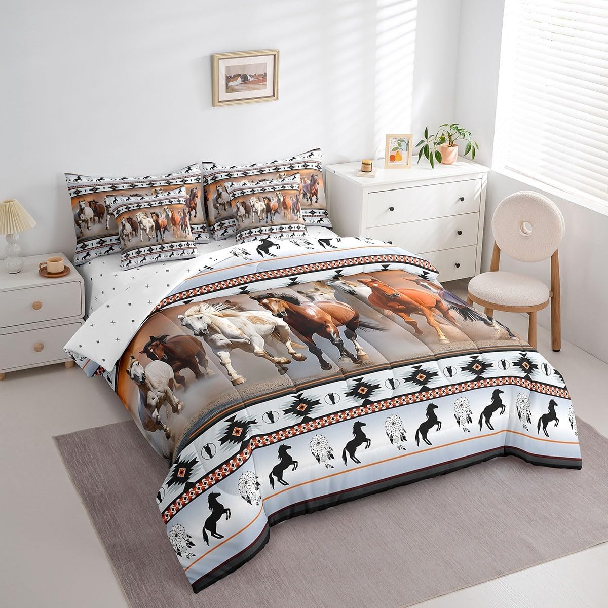 Brown Horses Bed in a Bag Queen Comforter Set 7 Piece,Southwestern Native Aztec Bedding Sets Farmhouse Wildlife Indian Tribal Geometric Sheet Set with Comforter,Bohemian Dream Catchers Bed Set