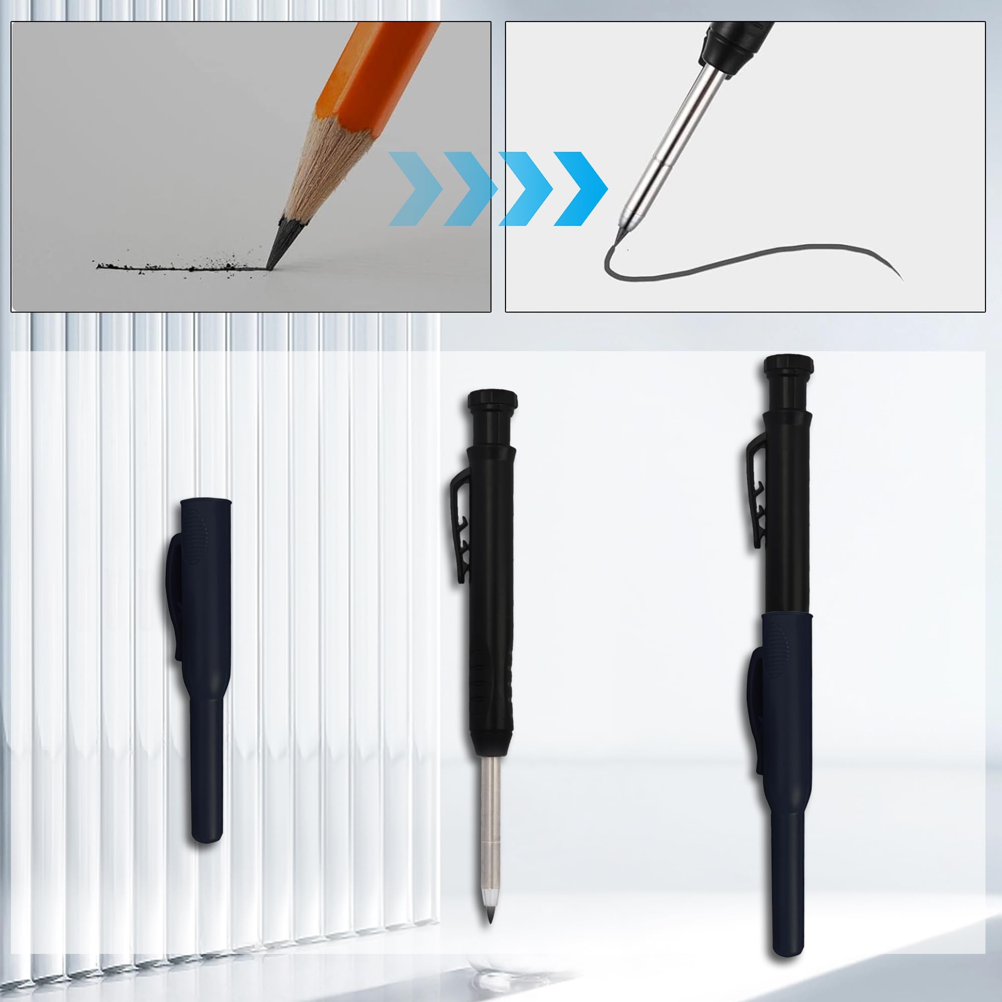 ANBOO Carpenter's Pencils Set, 2 Solid Carpenter's Pencils with 24 Pencil Leads, Deep Hole Marker Pencil with Built-in Sharpener for Drill Hole Markers on Wood, Metal, Concrete Tiles (Black) - Image 3