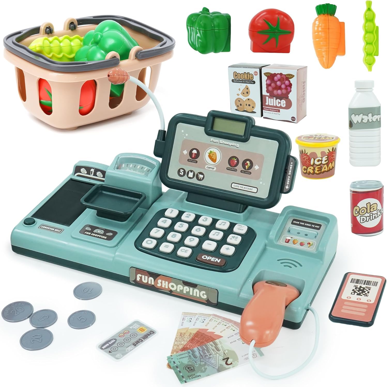 Caja Registradora Juguetes, Comida Juguetes con Calculadora Micrófono, Sonido, Comida, Calculadora, Escáner, Cesta, Tienda Supermercado Regalo para Niñas Niños 3 + Años, Verde