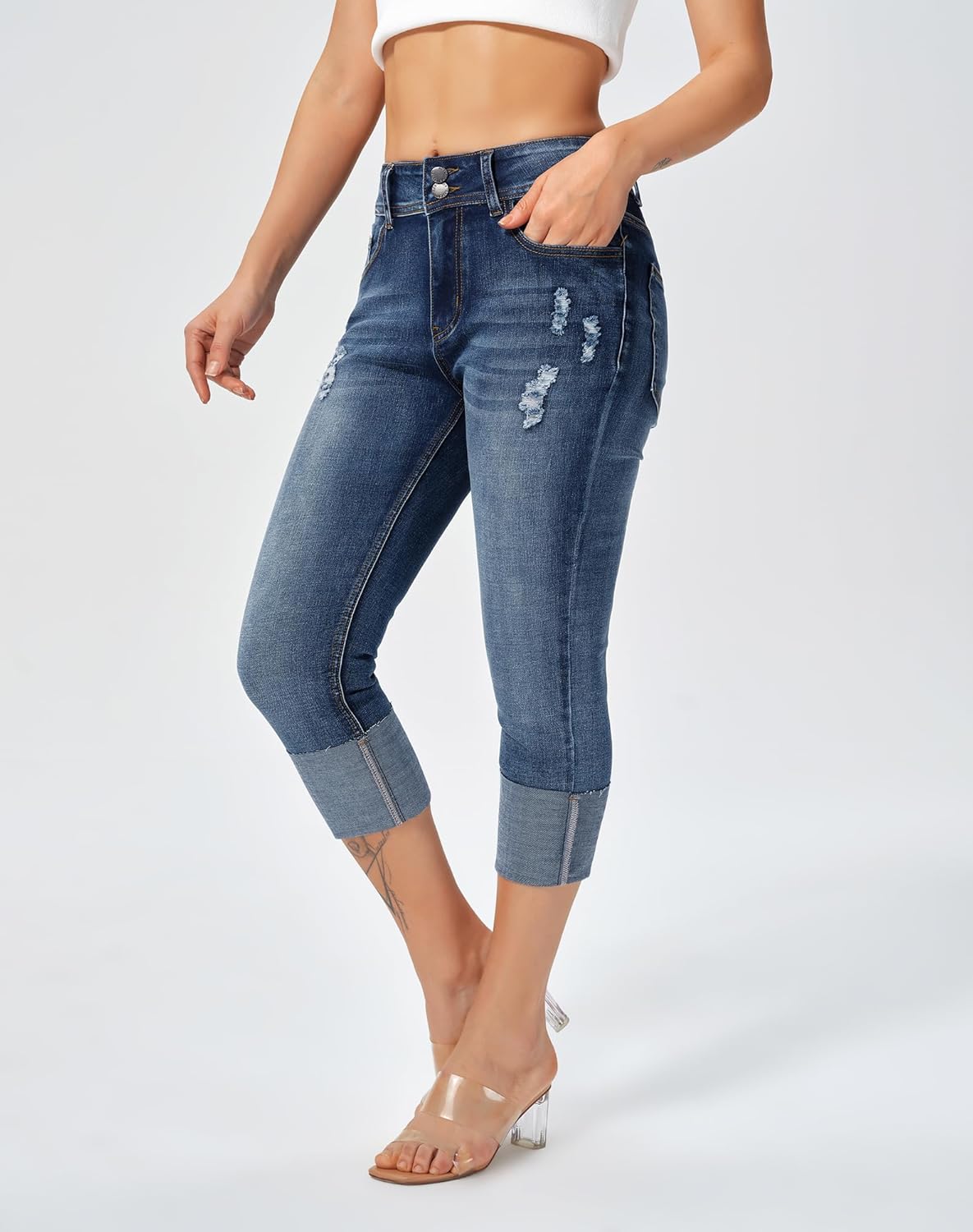 roswear Capri Jeans Stretchy for Women Skinny Cuffed Distressed Denim Pants - Image 2
