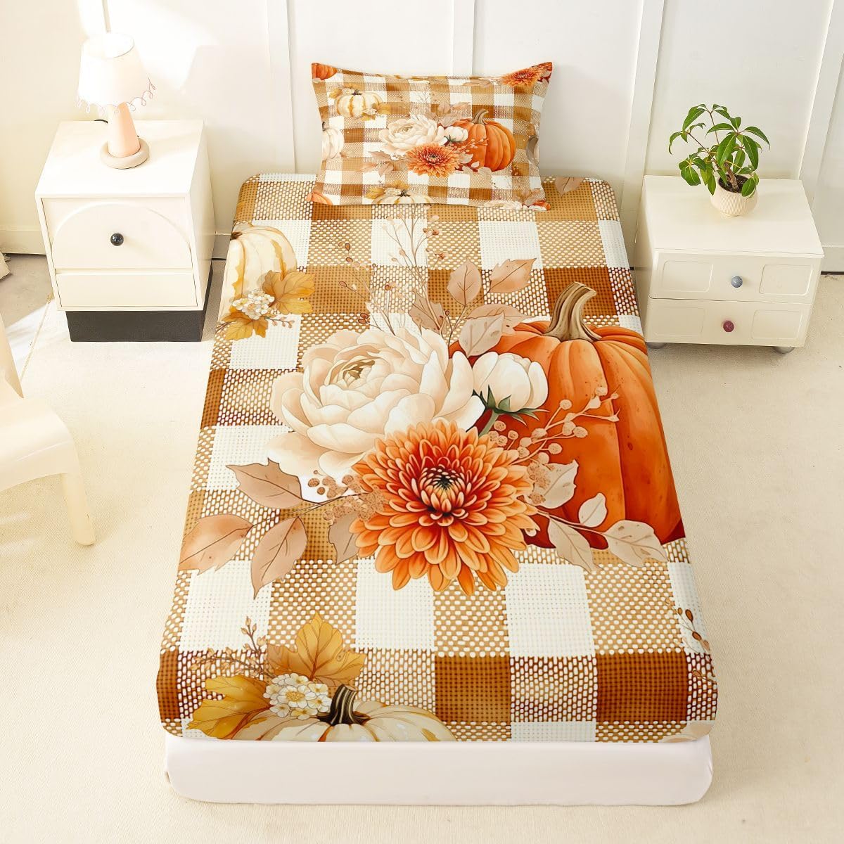 Castle Fairy Cute Ghost Kids Twin Size Fitted Sheet,Bow Pumpkin Boys Girls Bed Sheets,Happy Halloween Room Decor,Beige Orange Bedding Set,1 Pillowcase(No Flat Sheet)