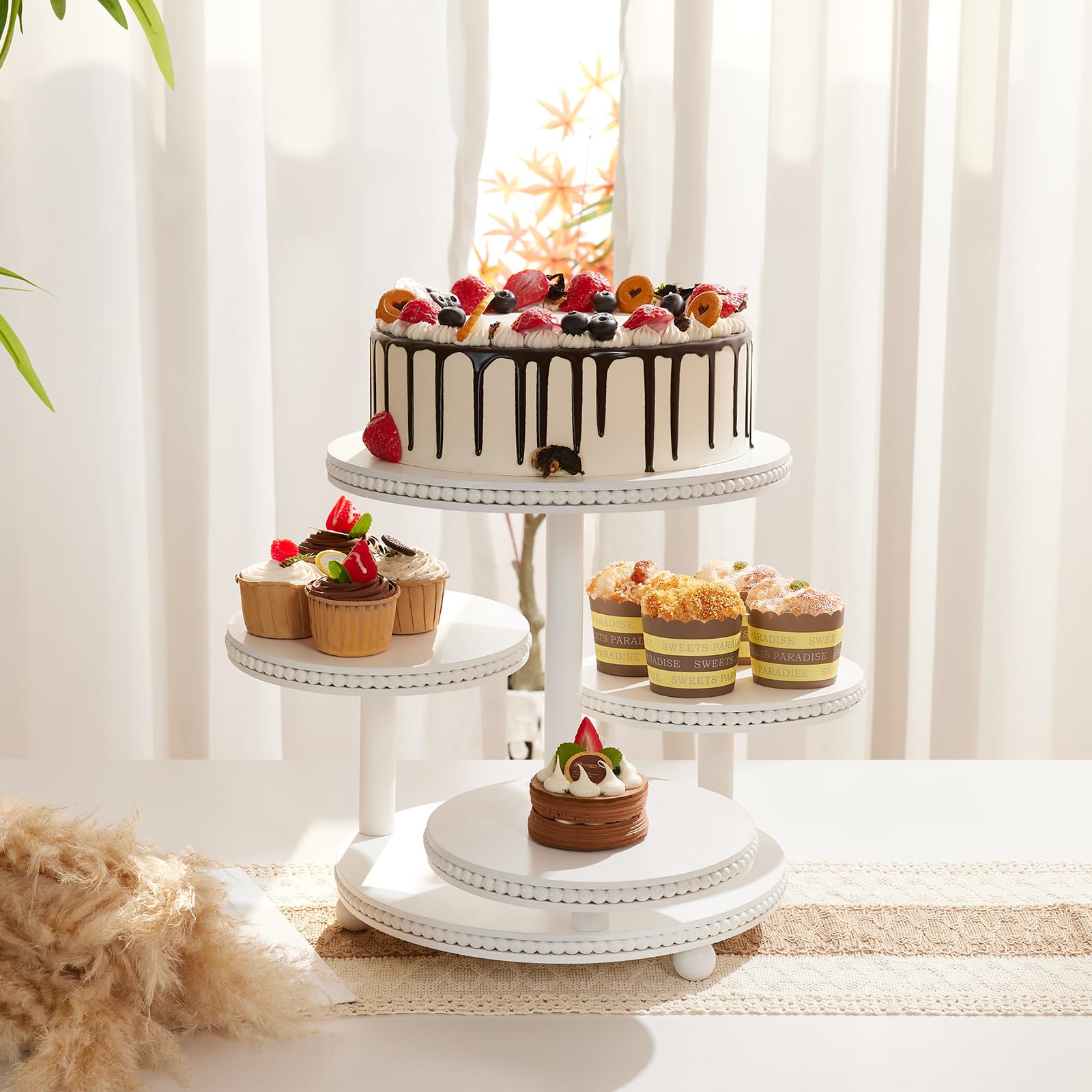 VIVIRBIEN Soporte redondo de 4 niveles para cupcakes con cuentas, soporte de madera para tartas con bandeja escalonada, decoración para 50 cupcakes, baby shower, cumpleaños, boda, graduación