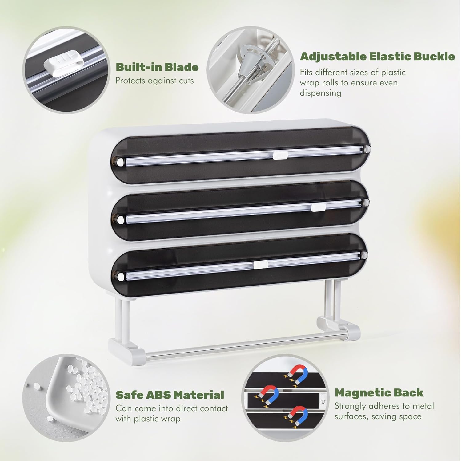 Aluminum Foil & Plastic Wrap Dispenser with Cutter - Magnetic & No-Drill Wall Mount, Cling Film Dispenser with Paper Towel Holder, Space-Saving 4-in-1 Kitchen Organizer - Fits 12" Roll, Black