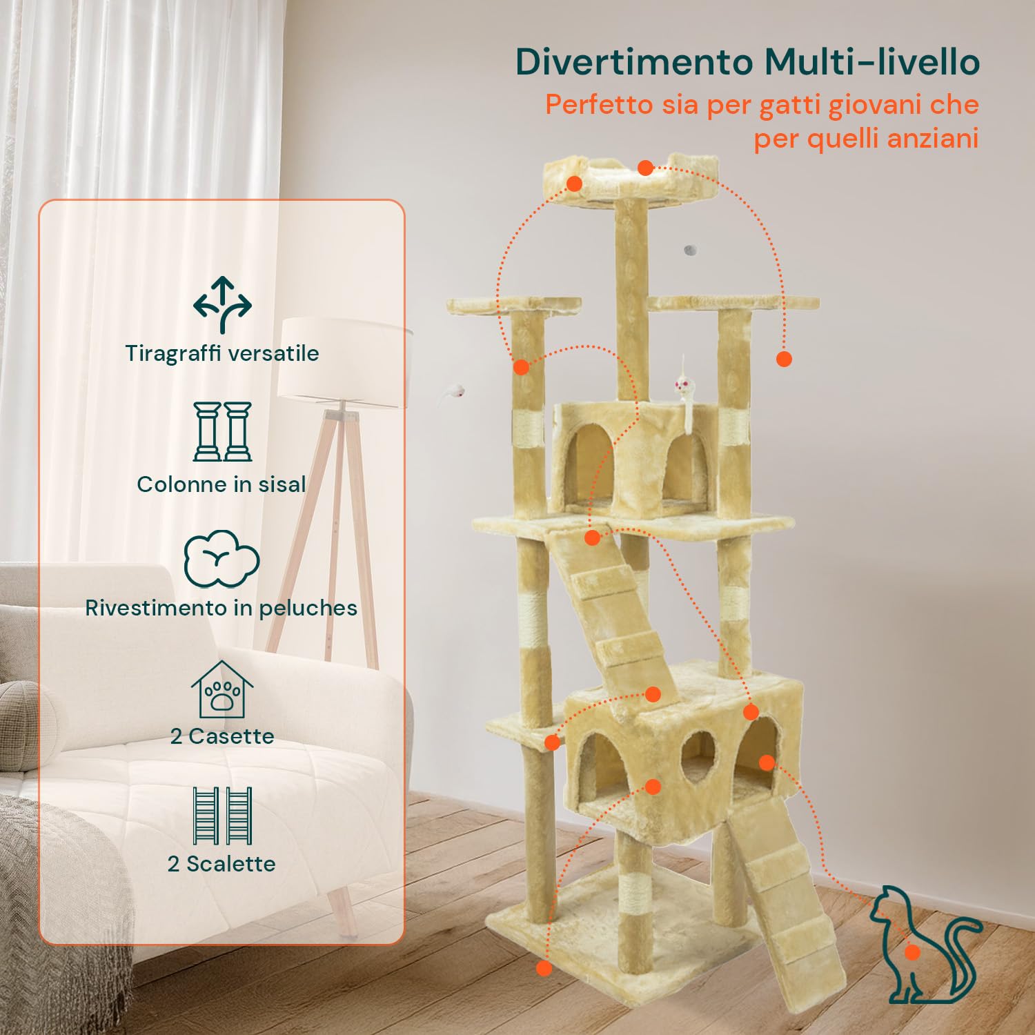 Tiragraffi da 170Cm con Cuccia per Gatti Albero Parco giochi gioco tira graffi per Gatto (Beige)