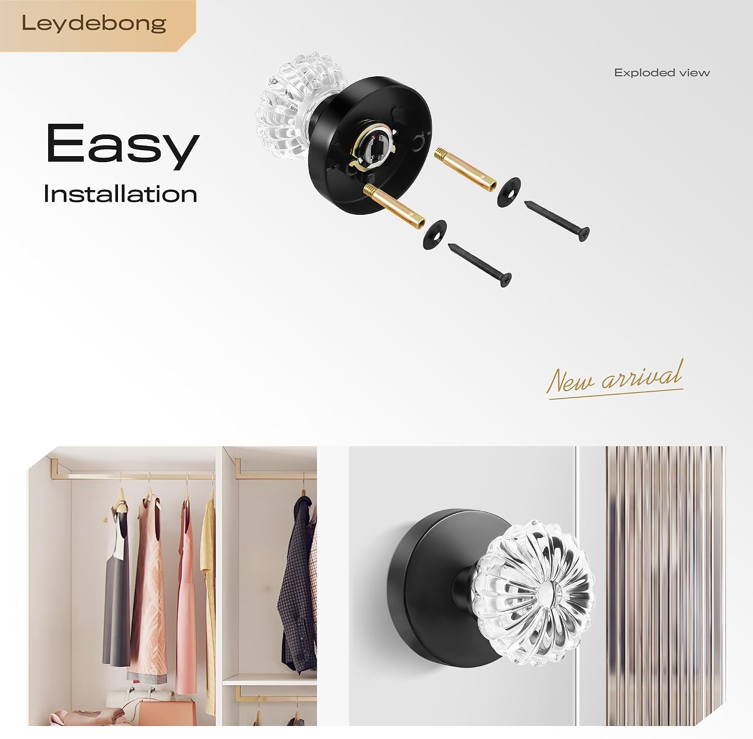 Leydebong Half Dummy Door Knob, Matte Black Single Side Dummy Handle, Square Glass Gold Interior Dummy Handle Single Sided Decorative 2 Pack