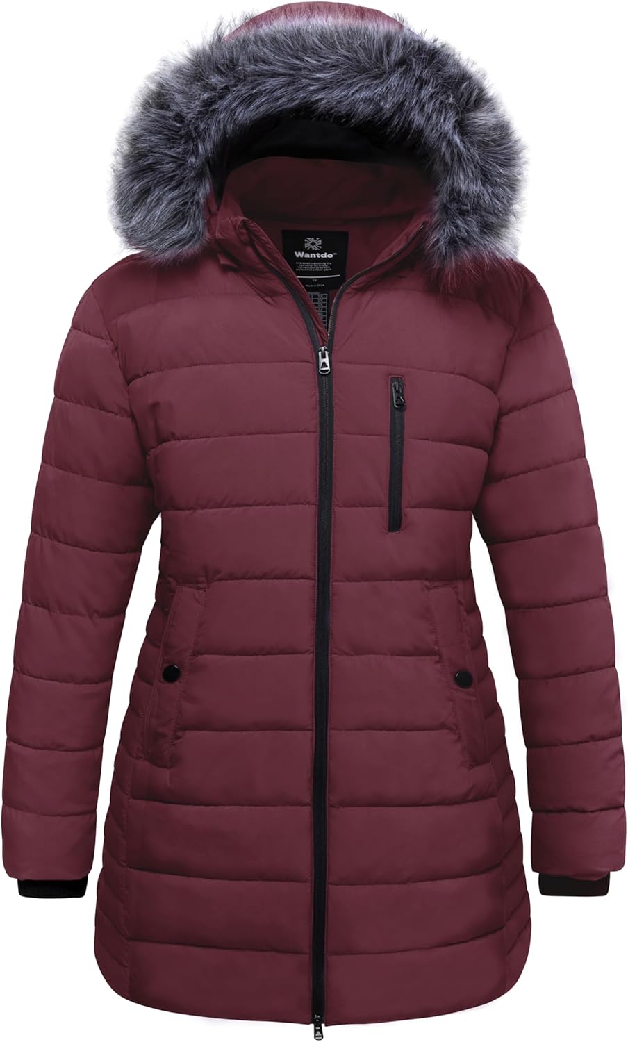 wantdo Women's Plus Size Winter Coats Warm Long Puffer Coat Quilted Parka Jacket with Removable Fur Hood