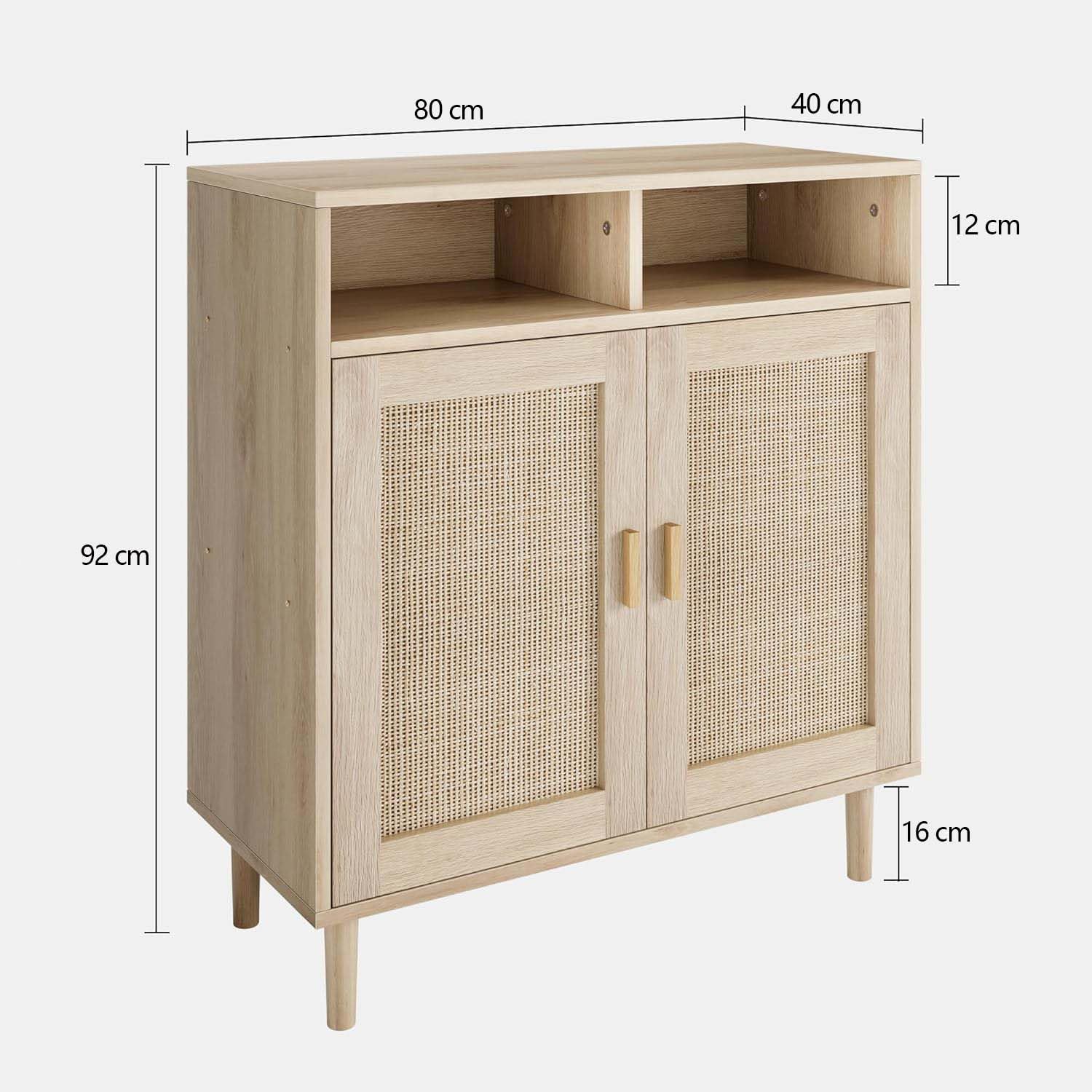 Litake Sideboard Rattan, 80x 92x 40 cm Anrichte mit 2 Offenem Fach & 2 Rattan Türen, Kommode Holz Buffetschrank Aufbewahrungsschrank Konsolentisch Kaffeebarschrank TV-Ständer,Natur