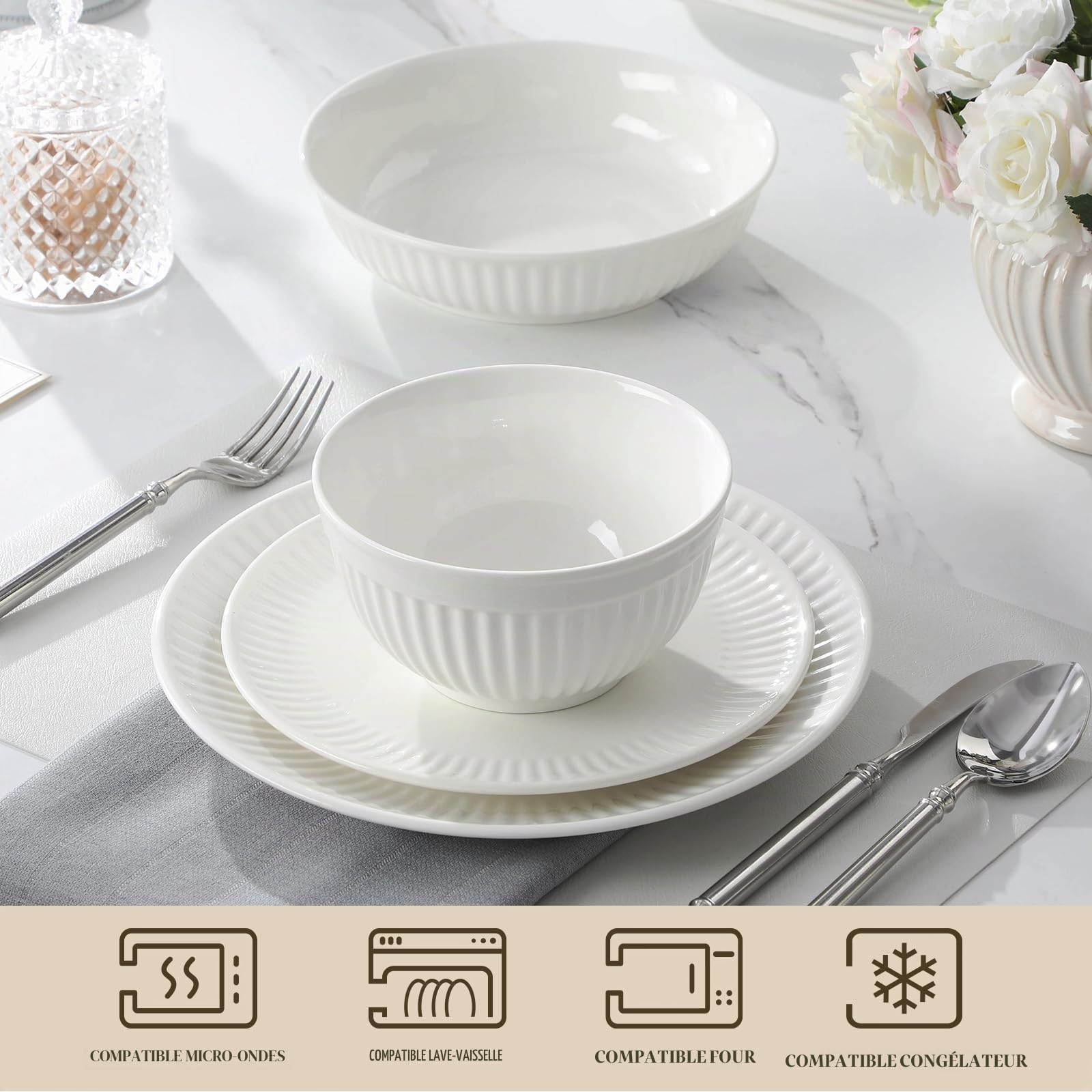 MALACASA Service de Table 6 Personnes, 24 Pièces Services de Vaisselle en Porcelaine, Set de Vaisselle avec 6 Assiettes à Plates, Assiettes à Dessert, Bol à Soupe, Bols à Céréales, Blanc