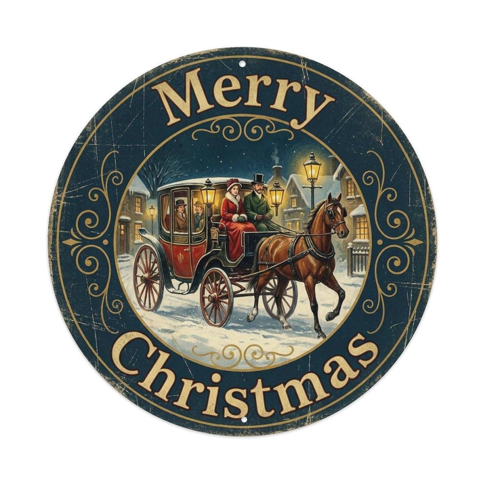 Merry Christmas Winter Horse Carriage Metal Tin Sign