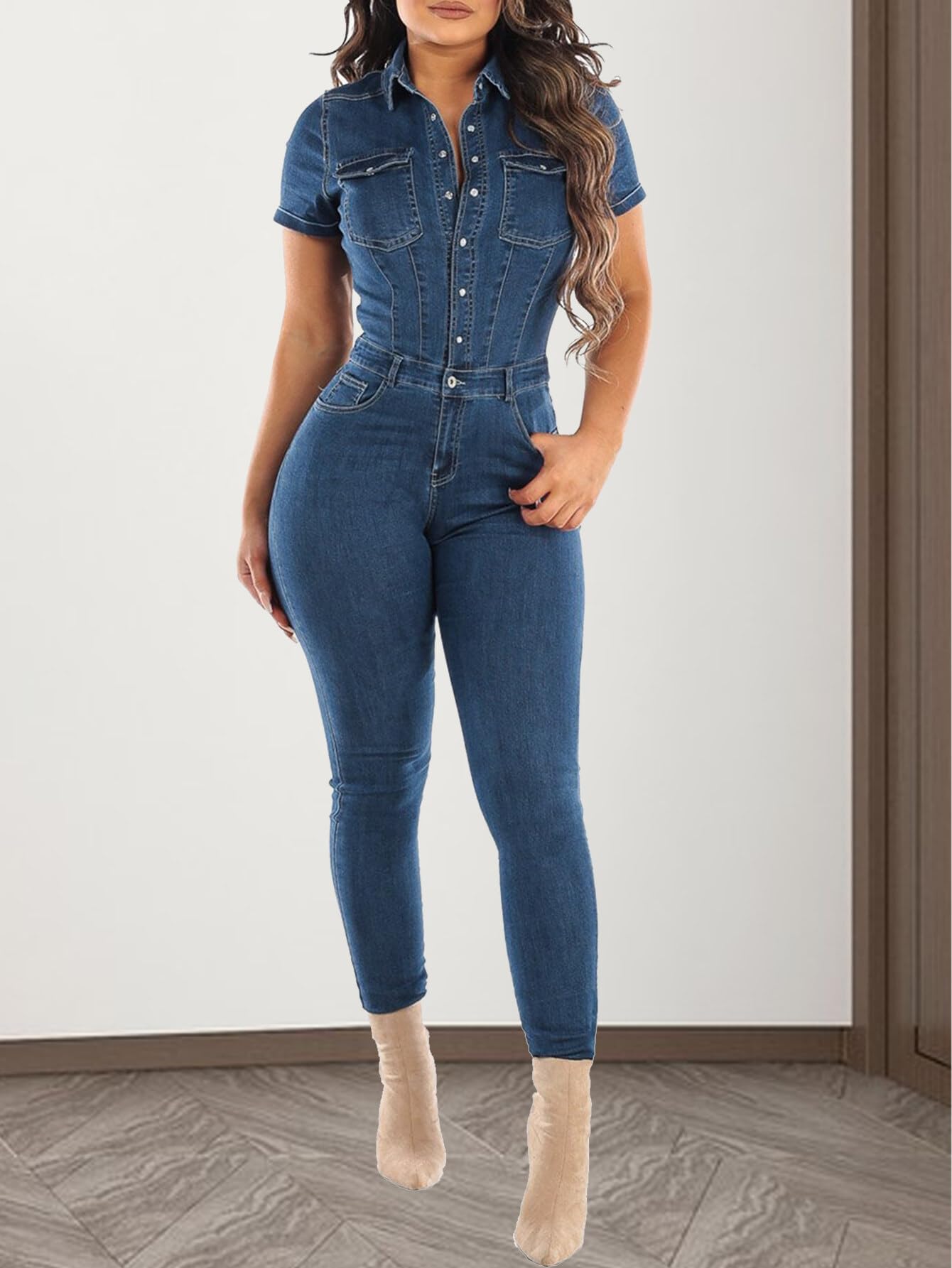 Asudaro Tuta Intera In Denim Da Donna Con Vita Media E Jeans Skinny Comodi