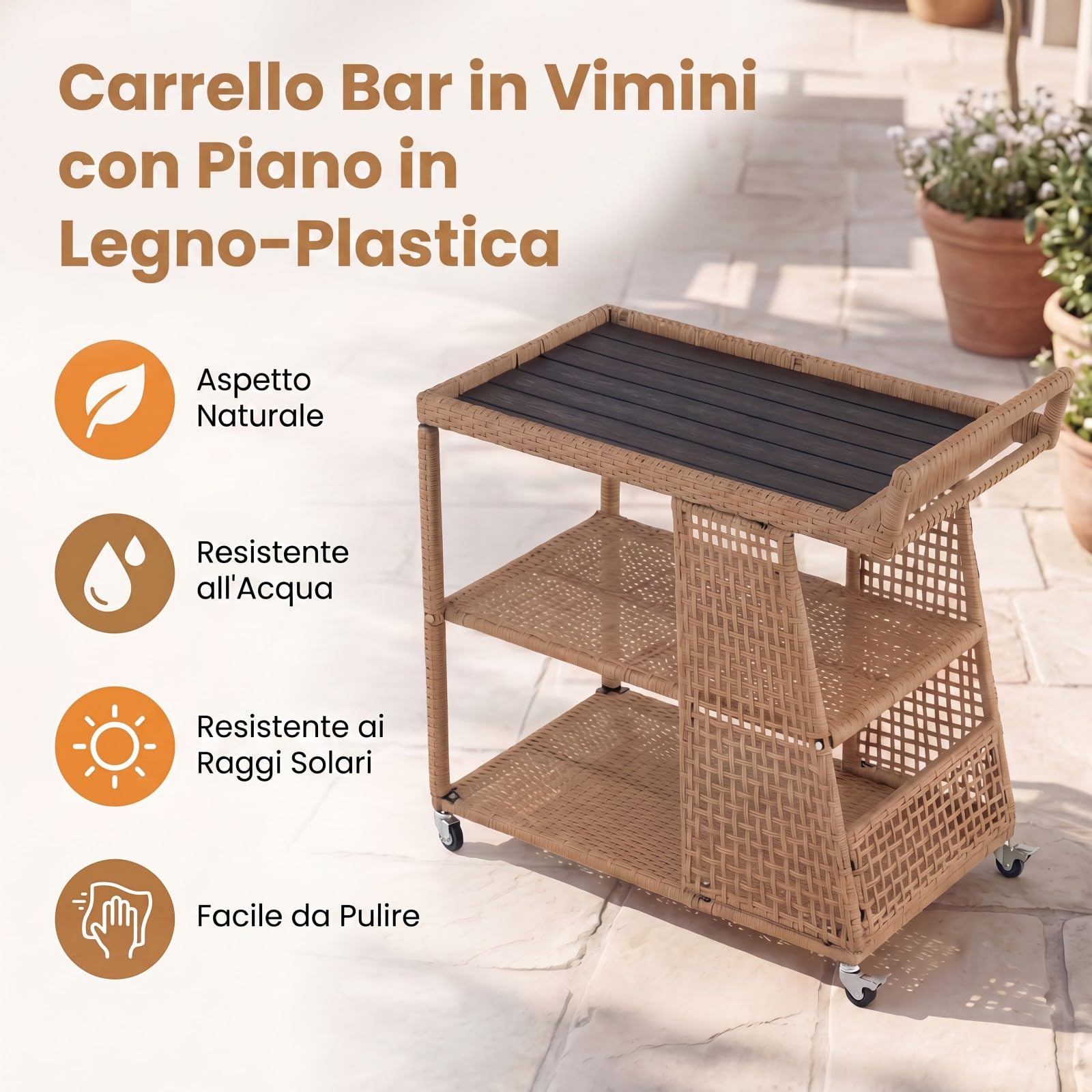 SOARS Carrello Bar in Rattan, Carrello Portavivande con 3 Ripiani Aperti e 4 Ruote, Maniglia Ergonomica, Moderno Carrellino Servizio Esterno Interno per Giardino, Terrazzo, Cucina, 98 X 54 X 92 CM