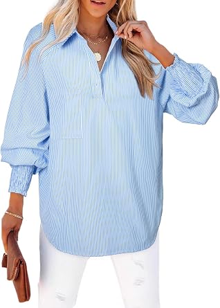 Astylish Women 2026 Fine Striped Smocked Cuffed Henley Shirts Puff Long Sleeve Collared Blouse Tops with Chest Pocket