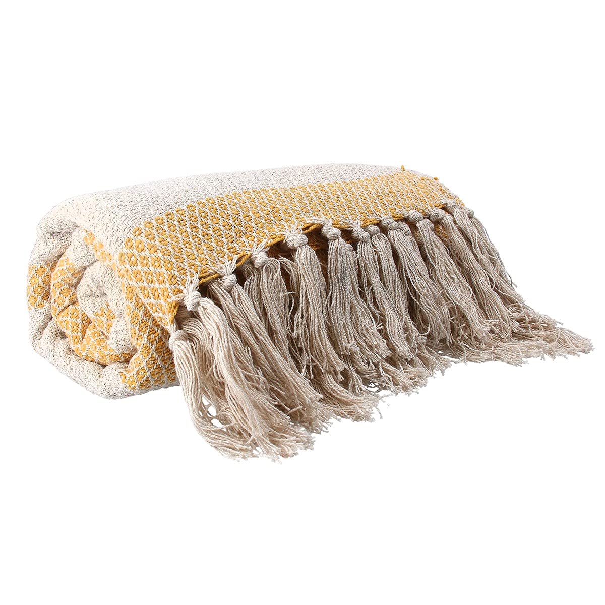 Gisela Graham Cotton Throw 150Cm - Mustard Woven Diamond Stripe