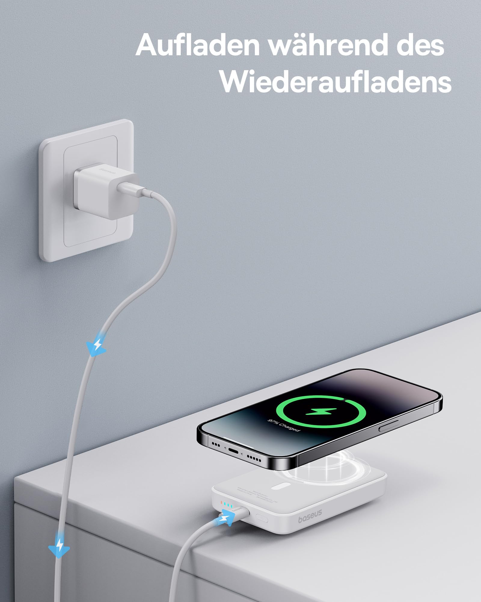 Baseus Power Bank Magsafe 10000mAh 22,5W – Mini Magnetico Con Ricarica Wireless E Cavo USB-C, Compatibile Con IPhone 16/15/14/13/12, Colore Blu