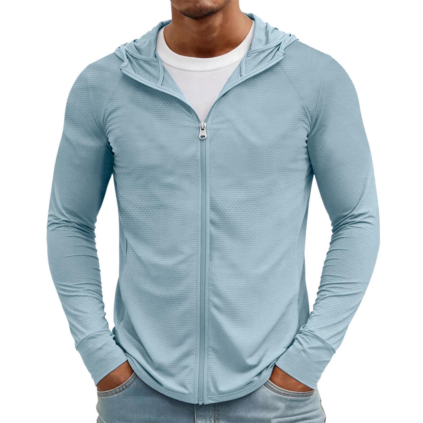 Tshirt Anti UV Homme avec Capuche Manche Longue Pas Cher Sport Respirant Outdoor Été Tee Shirt Anti UV Homme Running Peche Rafraichissant Randonnée Vetement