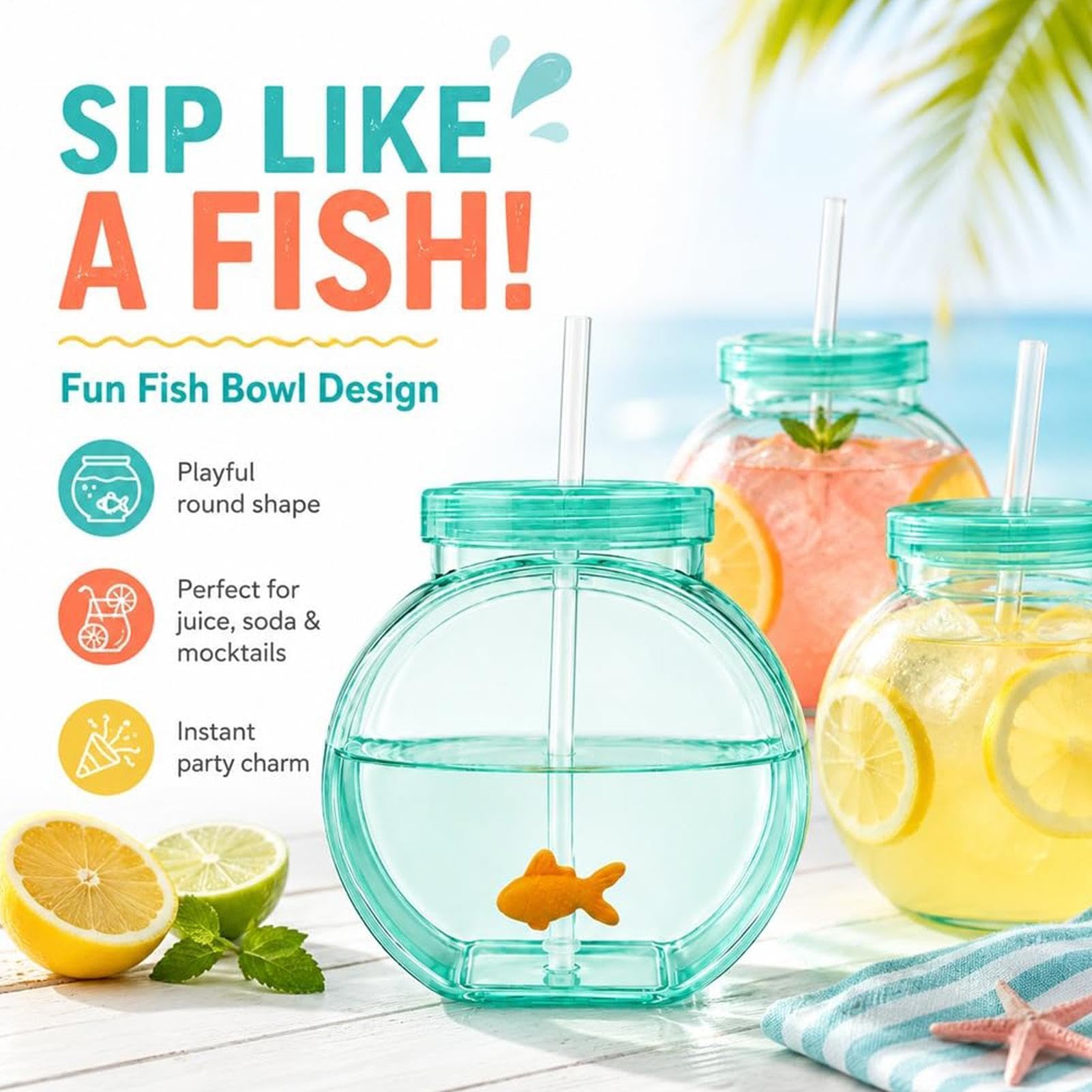 Bols à poisson pour boissons, portables et réutilisables avec paille et couvercle, pour cocktail, jus, soda, limonade, activités familiales, fêtes sur la plage, événements scolaires