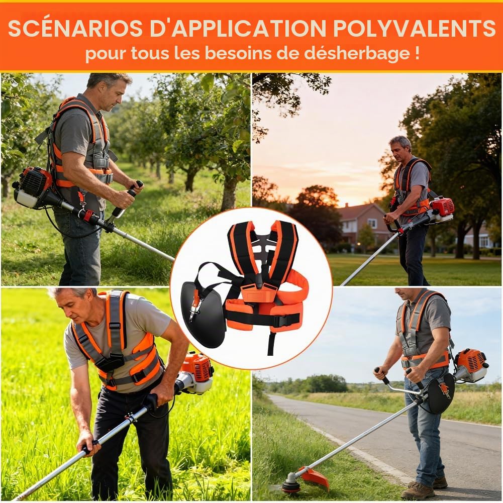 Harnais Debroussailleuse Double-Épaule Réglable, Universal Strimmer Harness Padded, Confortable Double Sangle d'épaule, pour Gardenning, Tondeuse et Débroussailleuse(Orange et Noir)