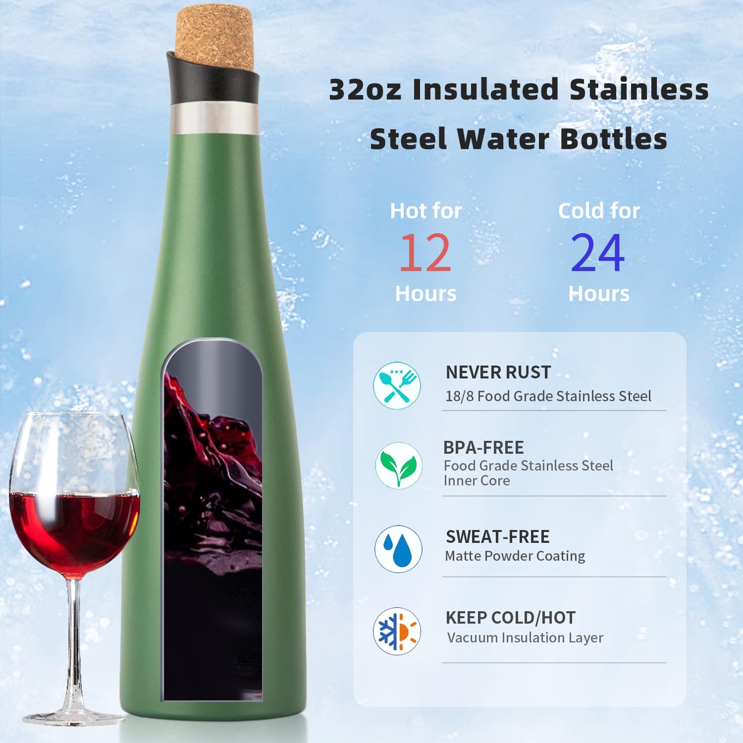 KOODEE Wine Bottle - 1000ml Insulated Stainless Steel Wine Bottle with Double Wall Vacuum Sealed Lids,for Wine Lovers Keeps Wine Cold for 24 Hours and Hot for 12 Hours (Dark Green,1000ml)