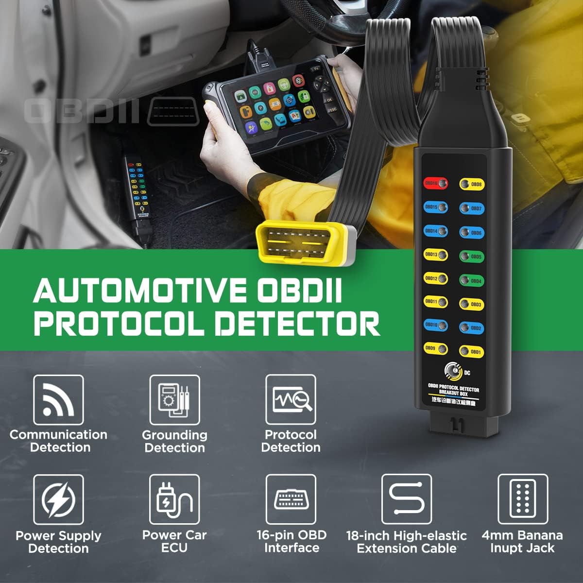 OBD2 Breakout Box Professional OBDII Breakout Box Protocol/Power/Ground Detector Breakout Box for Power the Car 16-Pin CAN Breakout Box Automotive with 4mm Banana Jack,18inch Cable,4 Sets Jumper Wires