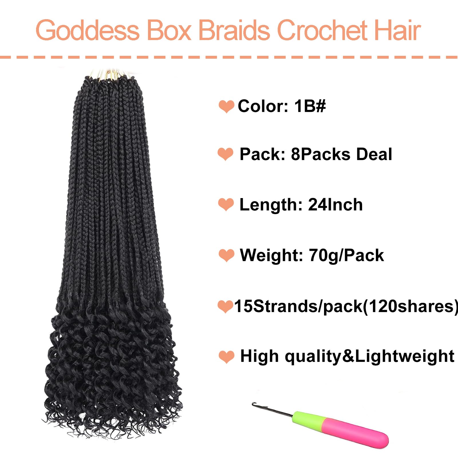 Mscat 24 Inch Goddess Box Braids Crochet Hair with Curly Ends 8 Packs Pre-looped 3X Synthetic Boho Box Braiding Hair for Women (15Strands/pack 1B#) - Image 2
