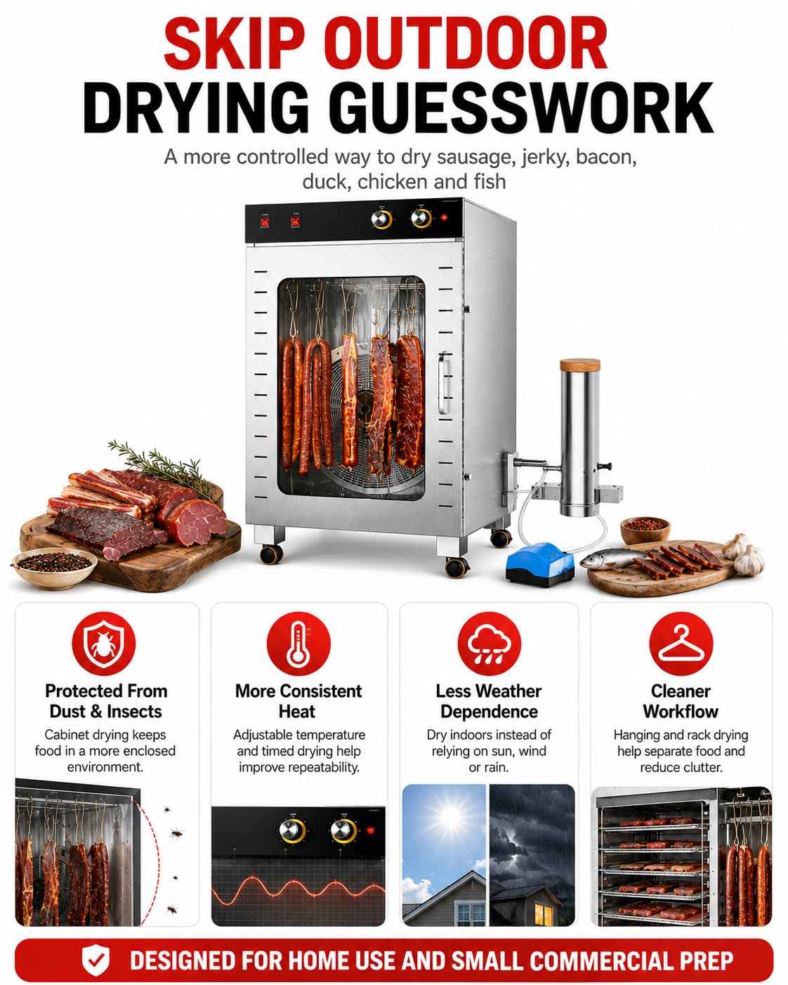 Essiccatore per Carne 1600 W, Essiccatore Alimentare Inox con Ganci Rotanti Automatici, capacità 10/30 kg, Temperatura e Timer Regolabili per Jerky Salsicce Carne Secca e Pesce 30kgSmoke