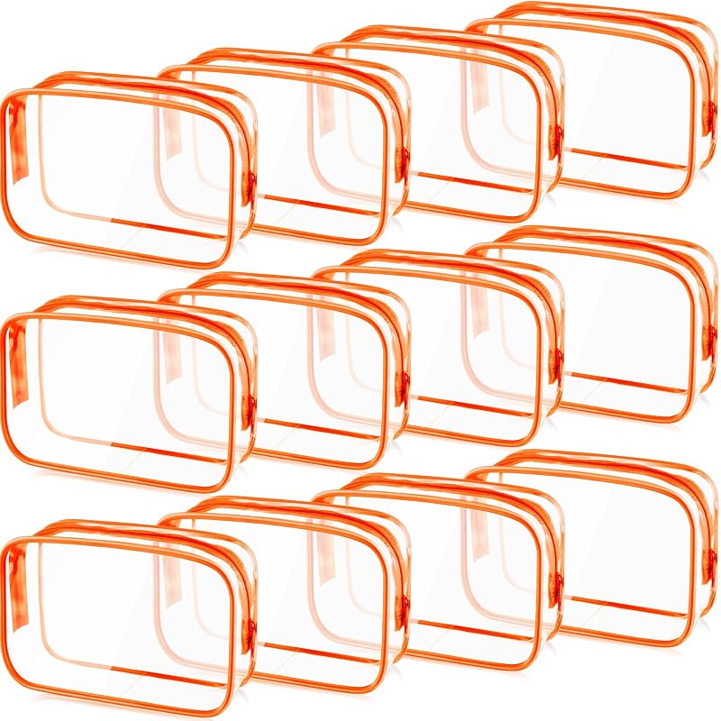Necessaires transparentes de PVC com zíper Weewooday, laranja, pacote com 12
