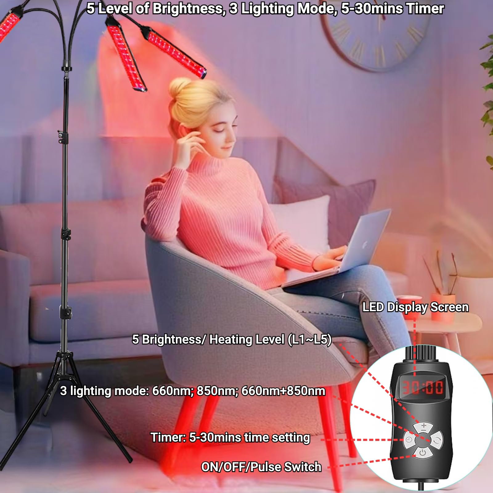 Cozion Lampada A Luce Rossa E Infrarossi - 120 LED, Timer, Supporto Regolabile | Benessere Per Muscoli E Sonno - Foto 5