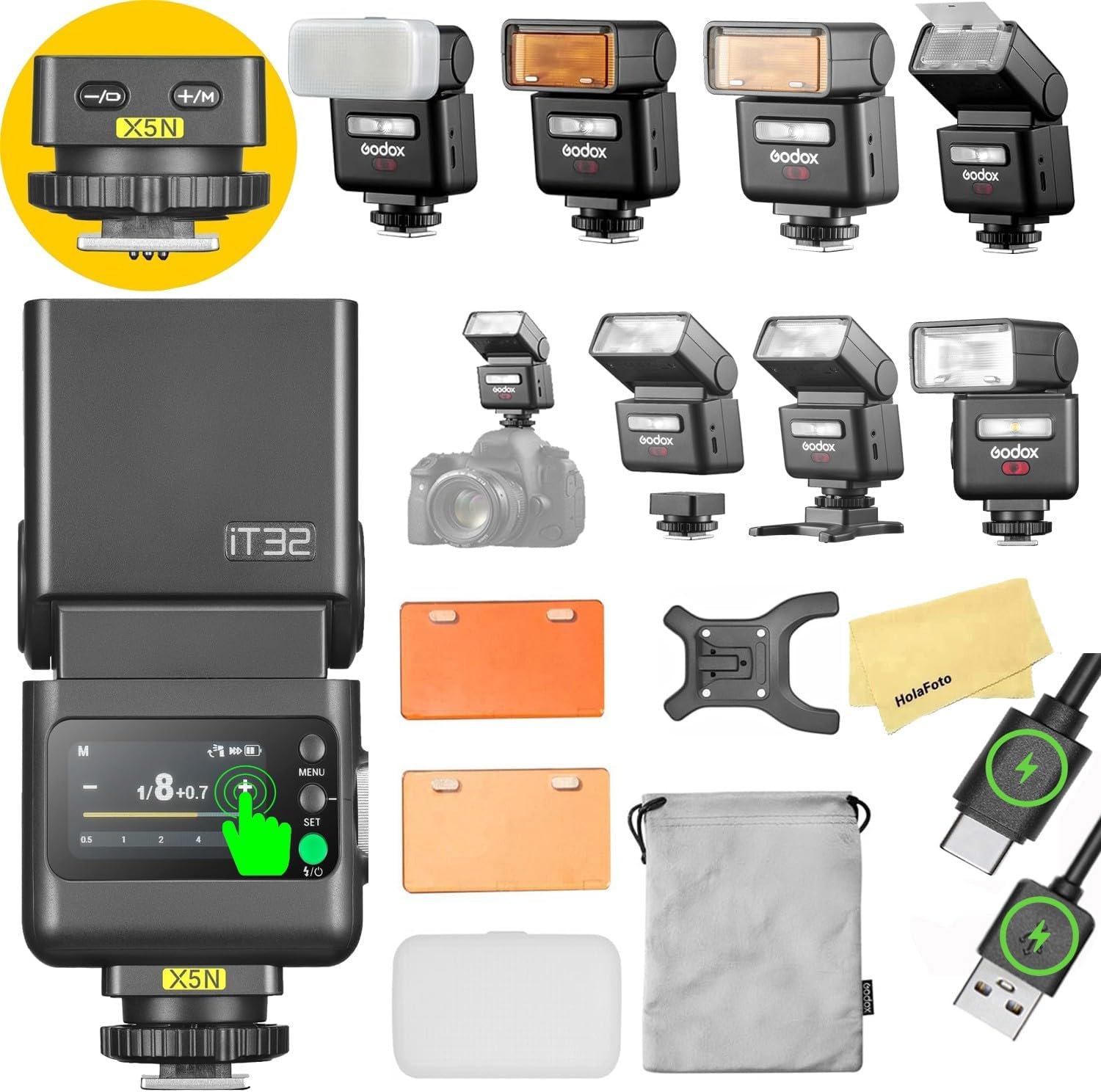 GODOX iT32 TTL Camera Flash with X5N Flash Trigger for Nikon Camera,Magnetic Hotshoe & Trigger 2-in-1,Touch Color Screen,Rotatable Flash Head,LED Modeling Lamp,1.5s Recycle Time,510 Full Power Flashes