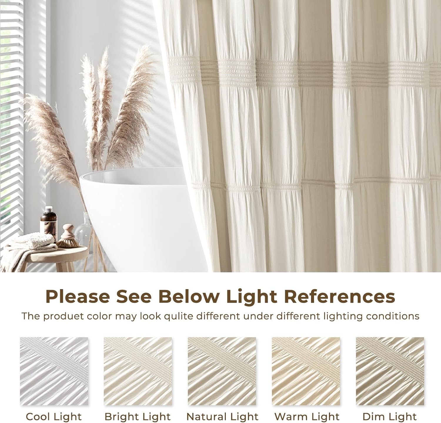 Seasonwood Cream Shower Curtain Rustic Striped Cotton Blend Fabric Farmhouse Shower Curtain Cream Shower Curtains for Bathroom, 72 x 72 Inches