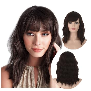 Brown Bob Wig with Bang Short Wavy Shoulder Length Women Full Bang Synthetic Women Curly Bob Brunette Realistic Wig Chocolate