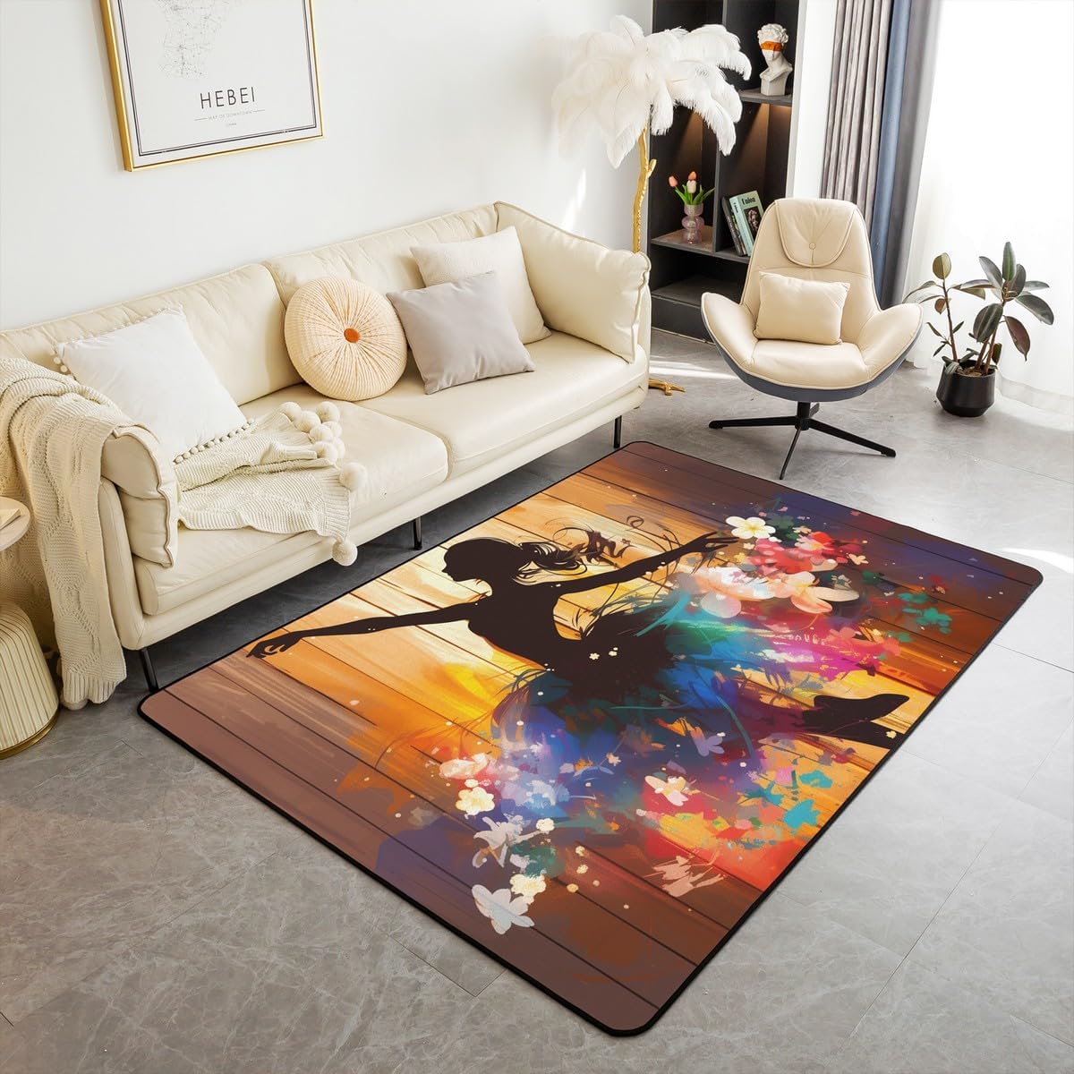 Feelyou Dance Area Rug 3x5 Ballet Princess Dancer Living Room Rugs for Kids Boys Girls Colorful Flower Decorative Carpet Ballet Dance Theme Indoor Floor Mat Accent Rug