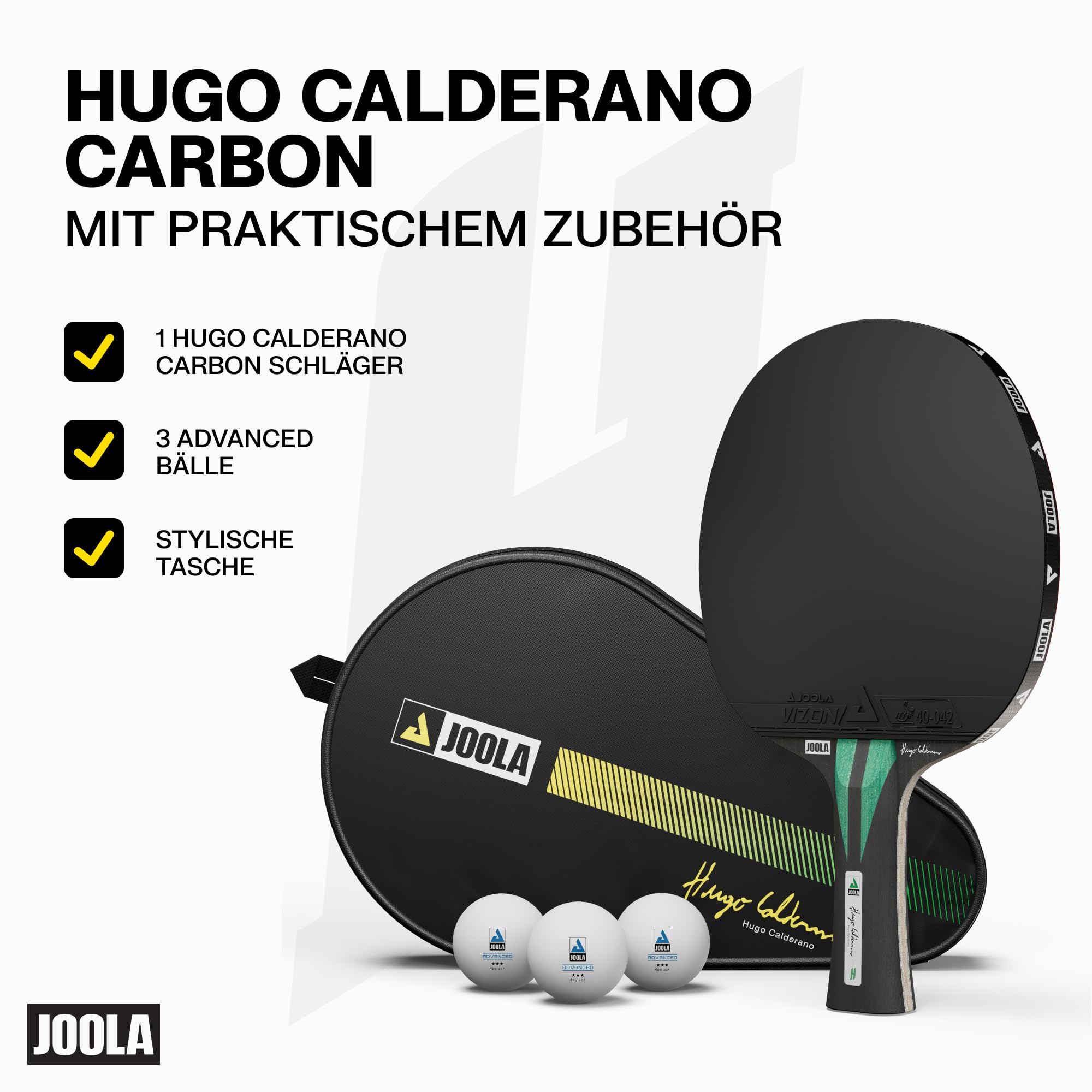 JOOLA Hugo Calderano Carbon Tischtennisschläger inkl. 3 Tischtennisbälle + Schlägerhülle, ITTF-zugelassen, VIZON-Beläge, schwarz/grün