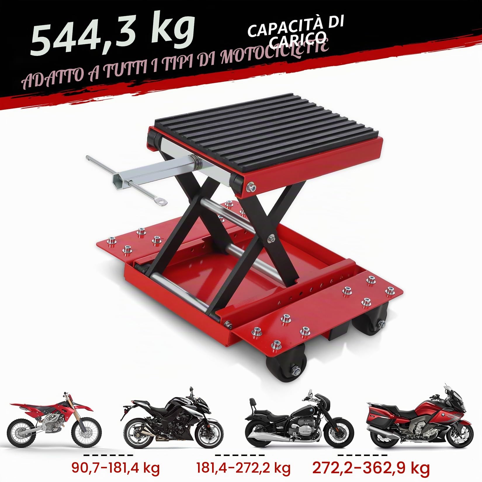 Cric Idraulico a Forbice per Moto 1200 lbs – Sollevatore Professionale con Piattaforma Larga – Ruote e Carrello – per Moto Cross, ATV, Cruiser – Chiave a cricchetto – Tappetino in Gomma –
