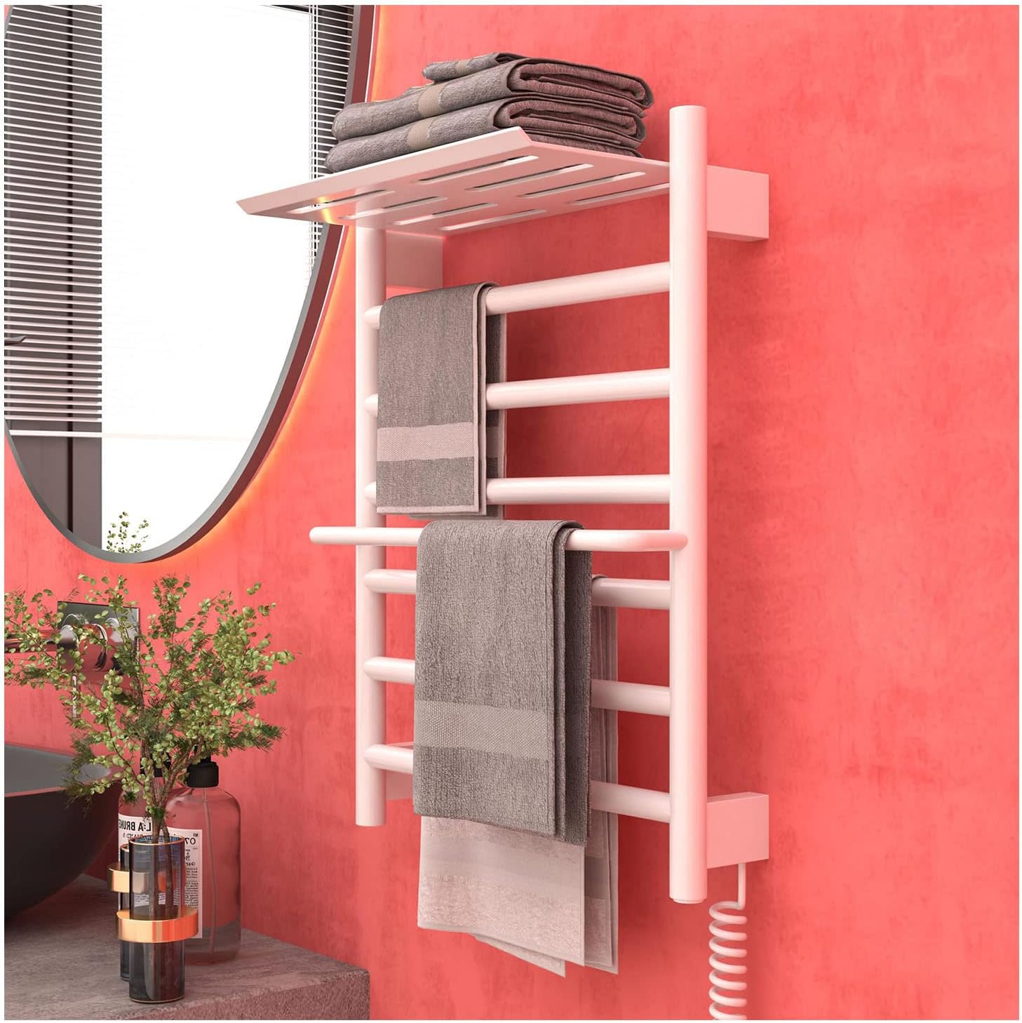 Heated Towel Rack,Bathroom Towel Rack with Shelf with Temperature Control 90w Thermostatic Heater Drying for Towel 456mm*600mm*70mm,White